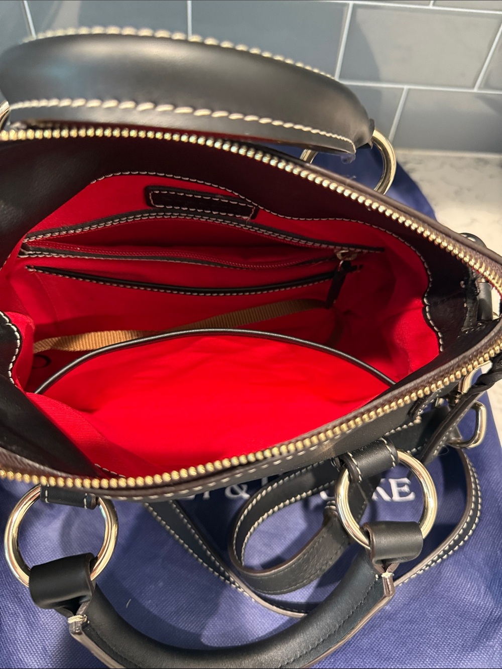 Dooney & Bourke Black Leather Satchel with Brown Handles and Gold Hardware - Picture 5 of 5